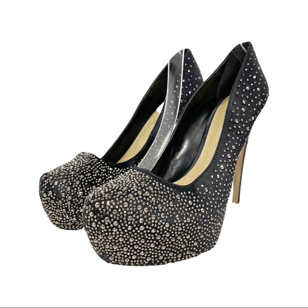 ALDO black satin undertone jeweled stilettos.